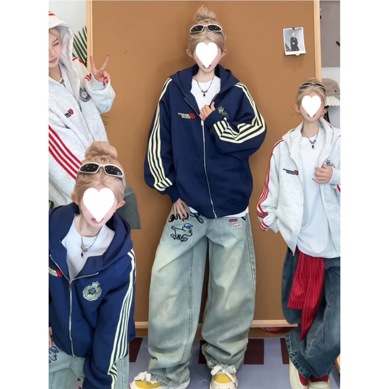 Seasonal Champion Three-Stripe Cardigan Stand Collar Zipper Long Sleeve Sweatshirt for Women, Loose Fit Slimming Couple's Baseball Jacket, Factory Wholesale