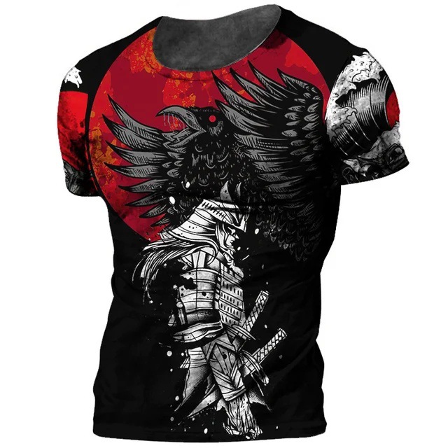 Tinta Jianghu Swordsman 3D Impresión digital Moda de la calle principal para hombres Camiseta de cuello redondo de manga corta transpirable de malla suelta