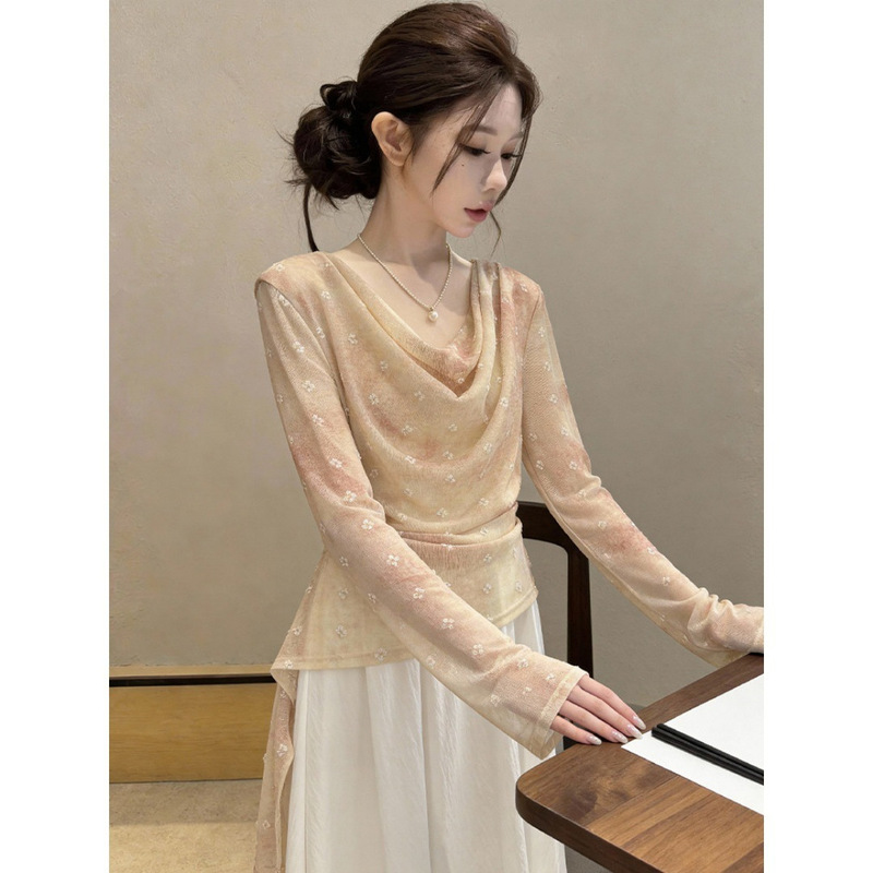 Gentle Korean-style ruffled collar long-sleeve lace blouse for women, new spring/summer commuter versatile slim-fit elegant top Gentle Korean-style ruffled collar long-sleeve lace blouse for women, new spring/summer commuter versatile slim-fit elegant top
