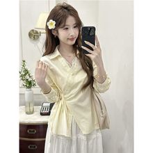 韩版不规则设计小众长袖翻领衬衣小清新蓝色上衣拼接蕾丝收腰春款