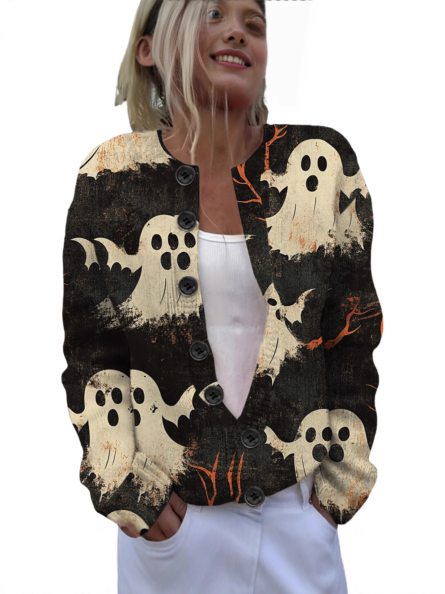 Ll-Yk1 Halloween Cardigan Round Neck Long-Sleeved 3D Printed Sweater European and American Cross-Border Casual Women's Clothing Amazon Theme