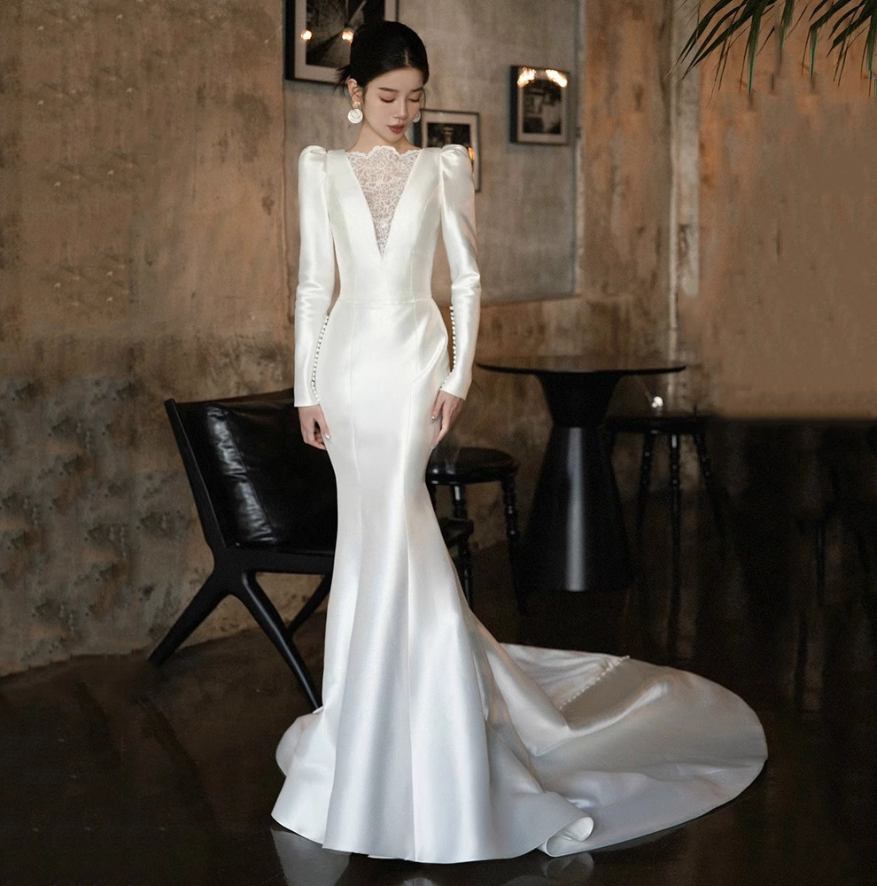 Long-Sleeved Light Wedding Dress 2025 New Bridal Satin Fishtail Outing Veil Host Fashion Banquet Evening Dress Women Summer