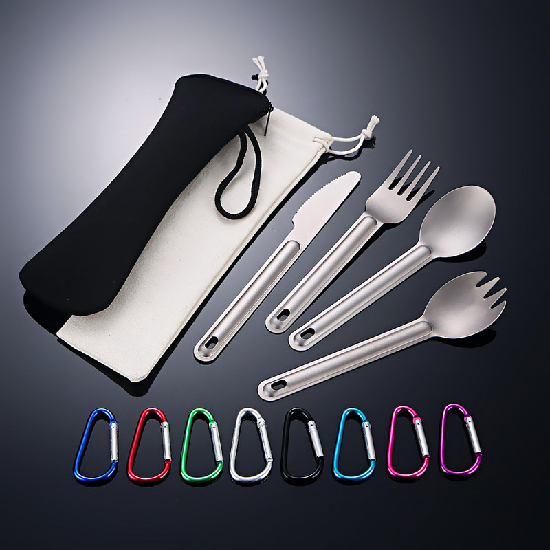 Pure Titanium Tableware Portable Set for Outdoor Camping and Picnics, Pure Titanium Carabiner Knife, Fork, and Spoon Ultra-Lightweight Tableware Set