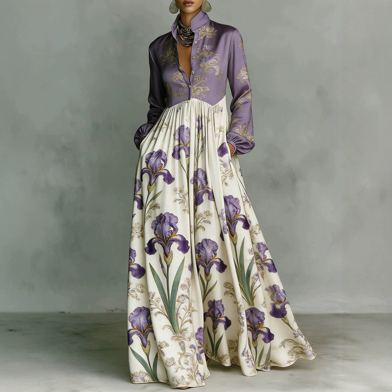 2026 European and American cross-border new style stand-collar long-sleeve dress with retro print, loose fit, and long skirt for women