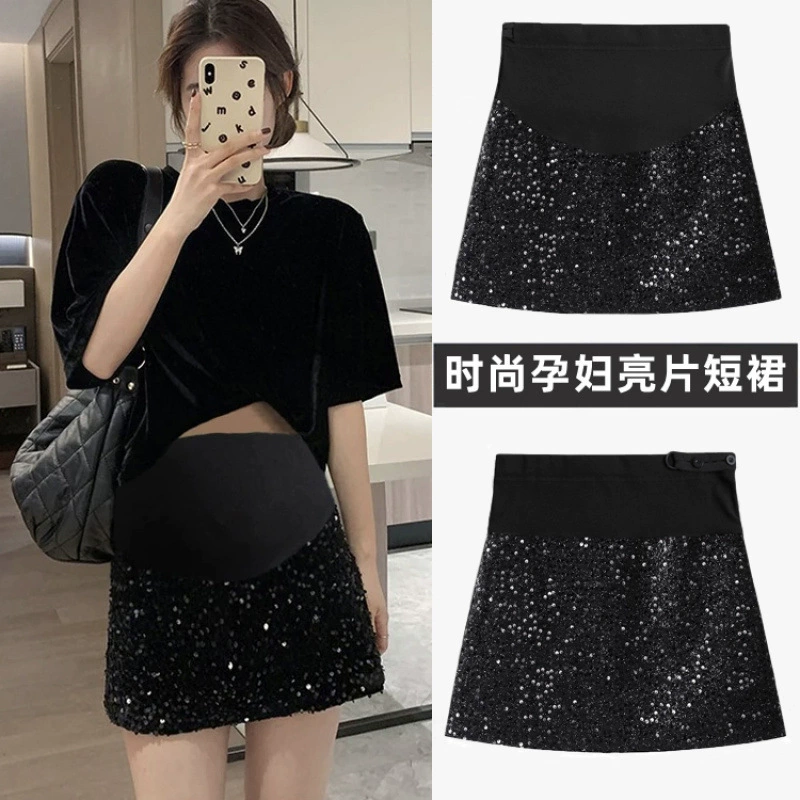 Короткая юбка с блестками для беременных весной и осенью