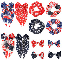 亚马逊跨境弹簧夹国旗发饰蝴蝶结发夹女大肠发圈布料装扮发带头饰