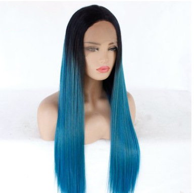 Venta al por mayor de fábrica de moda europea y americana, peluca de pelo largo y liso azul mixto verde, peluca de fibra química de encaje frontal LW0207