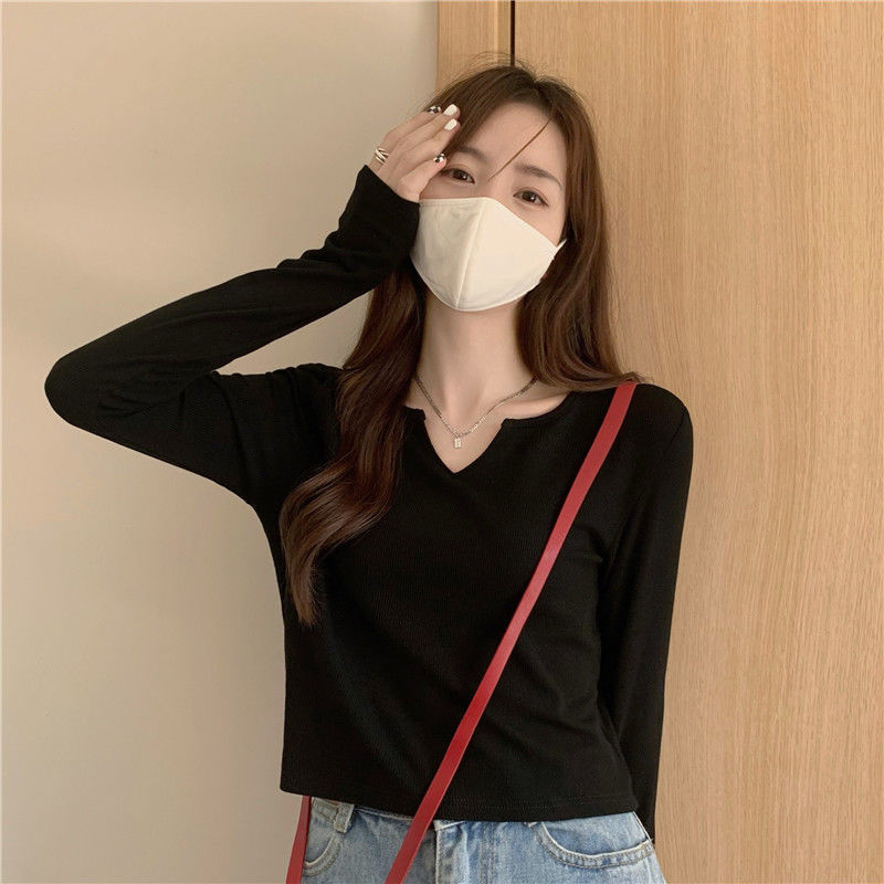 Puro deseo superior camiseta de las mujeres de primavera y otoño diseño sentido nicho nuevo dulce chica caliente manga larga corta delgada con cuello en v camisa de fondo image 3