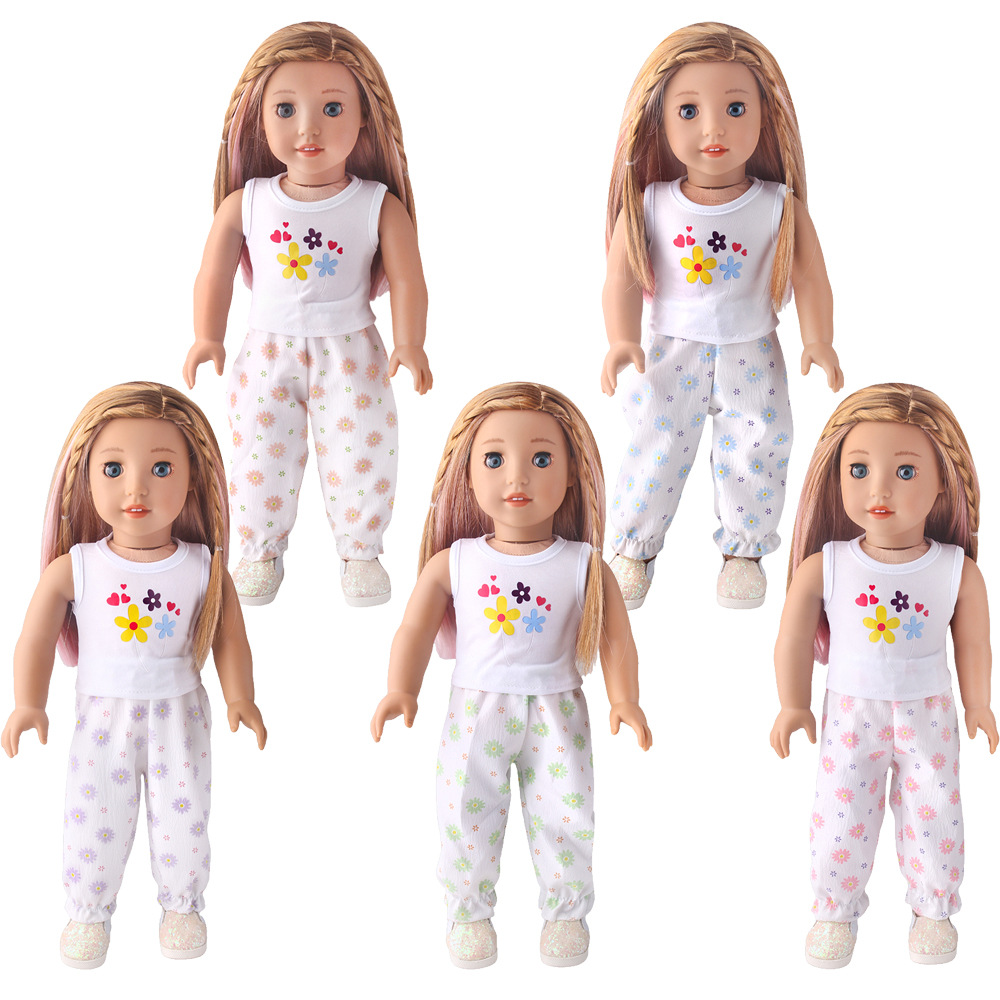 New 18inch Girl Doll Summer Clothes Set Cute Printed Top + Multi-Color Pants Doll Dress up
