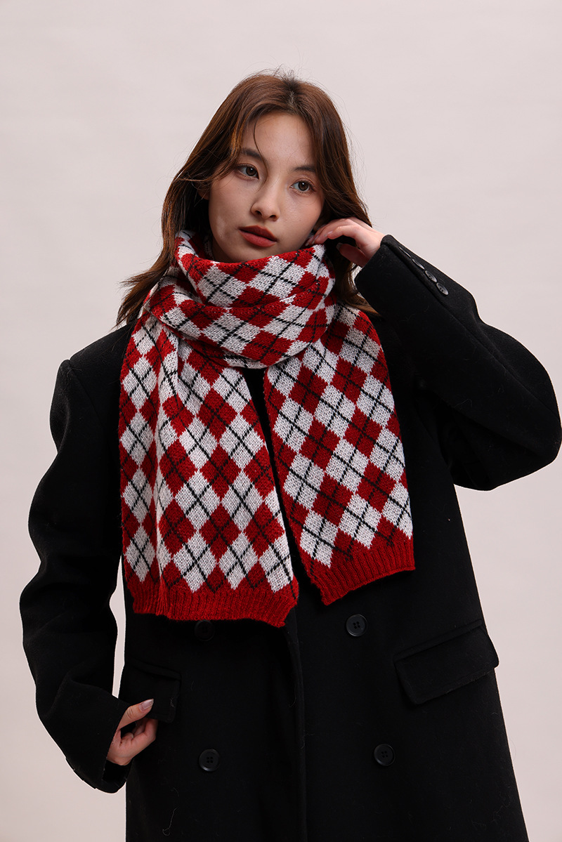 Sciarpa lavorata a maglia autunno inverno nuova con griglia a rombi, collo spesso e caldo, versatile per coppie, morbida_voghion.com