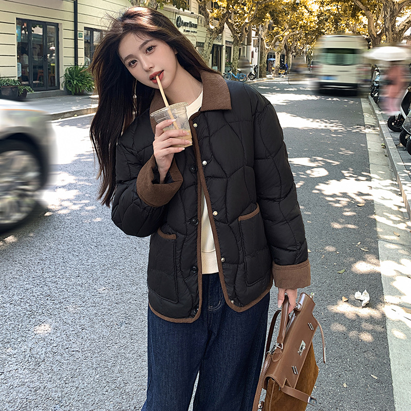Moda coreana de color contrastante de lana de lana empalmada abrigo de algodón de invierno femenino retro suelto delgado abrigo de algodón cálido image 6