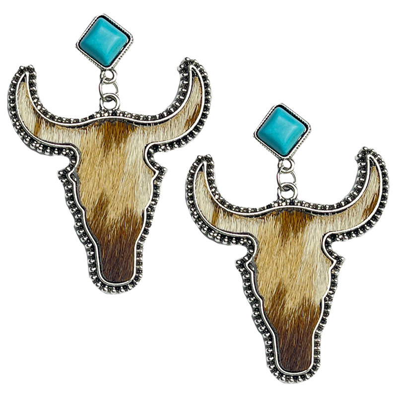 1 Pair Ethnic Style Bull Head Alloy Leather Inlay Turquoise Womenu0027S Drop Earrings
