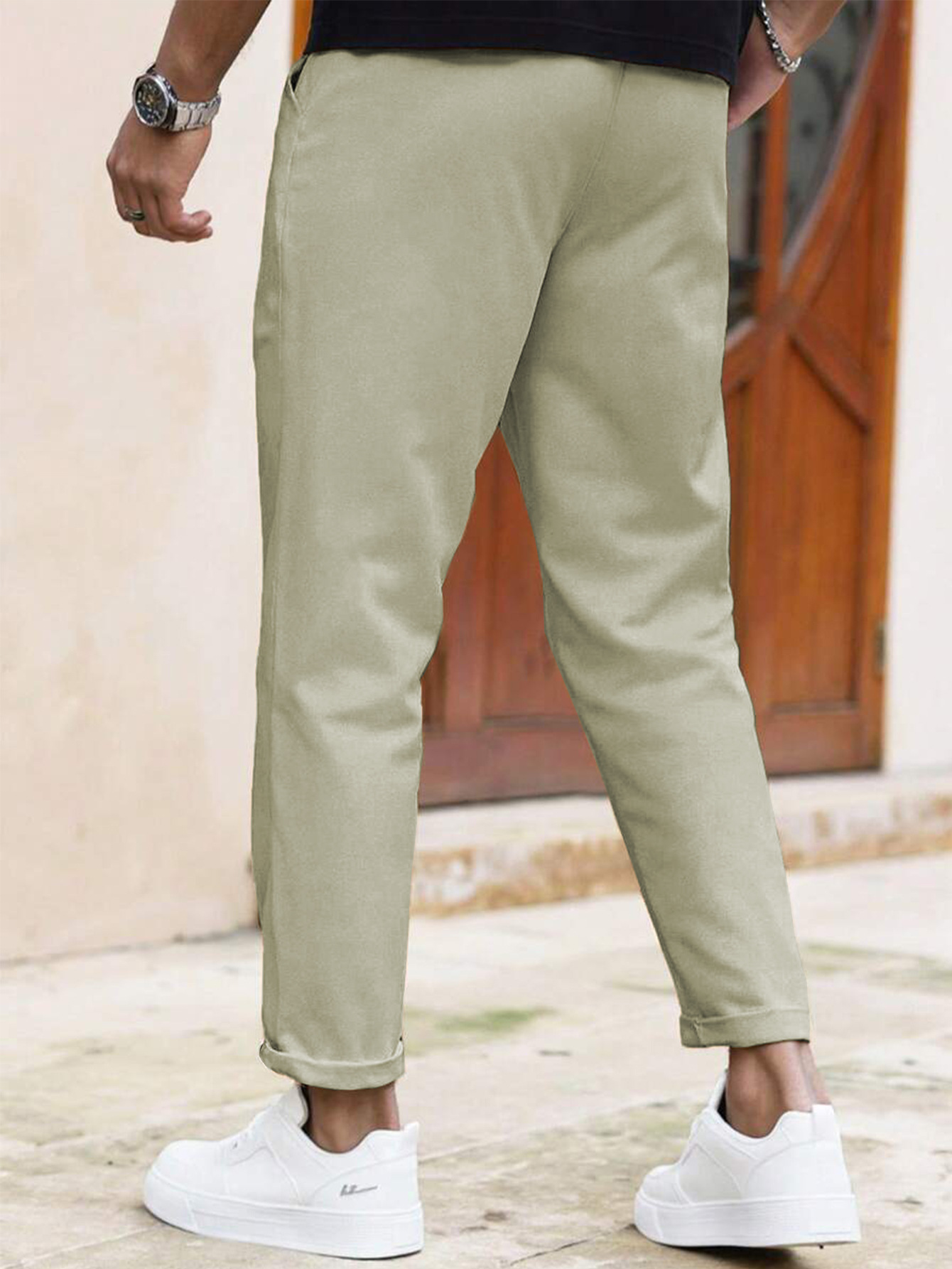 ​​"Men's Slim Fit Casual Pants - Solid Color Drawstring Waist, Lightweight Polyester For Everyday Comfort & Street Style"​​_viptrois.com