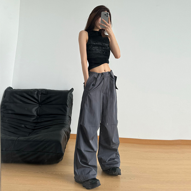 Hot Girl Retro Straight-Leg Drawstring Pleated Cargo Pants for Women 2024 Casual Parachute Pants Versatile Fashion Low-Waist