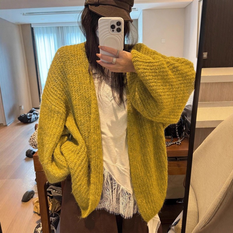 慵懒风松弛感灯笼袖毛衣女2025秋冬新款宽松休闲软糯针织开衫外套|undefined