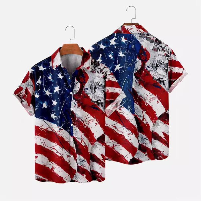 Cross Border US Foreign Trade Flag Shirt Men's Summer Casual plus size 3D Digital Printing Short Sleeve Casual Shirt Men