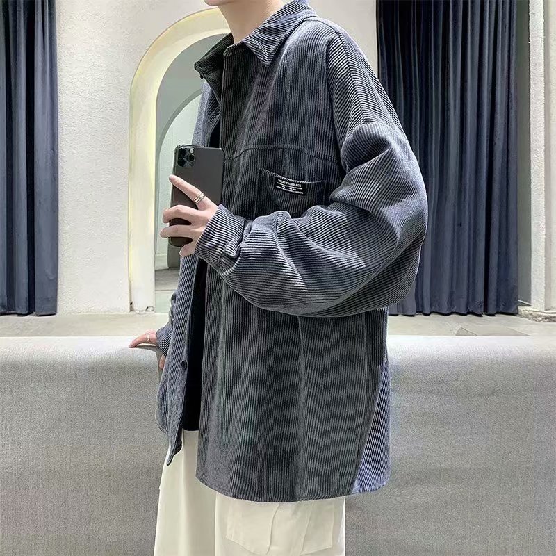 Hong Kong Style Japanese Label Large Size Corduroy Shirt Men's Long-Sleeved Fat Casual Shirt High-End Handsome Shirt