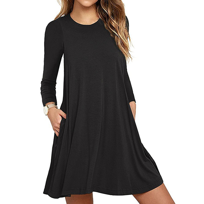 2022 Autumn/Winter New Women's Wear Wish Popular Amazon eBay New Solid Long Sleeve Pocket Dress