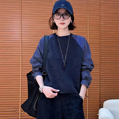 琪镌绘制假两件拼接条纹卫衣女2025秋季新款时尚减龄显瘦打底衫潮