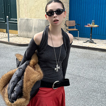 MMFISH时髦街头设计感双层挂脖露肩吊带修身显瘦长袖T恤25T582