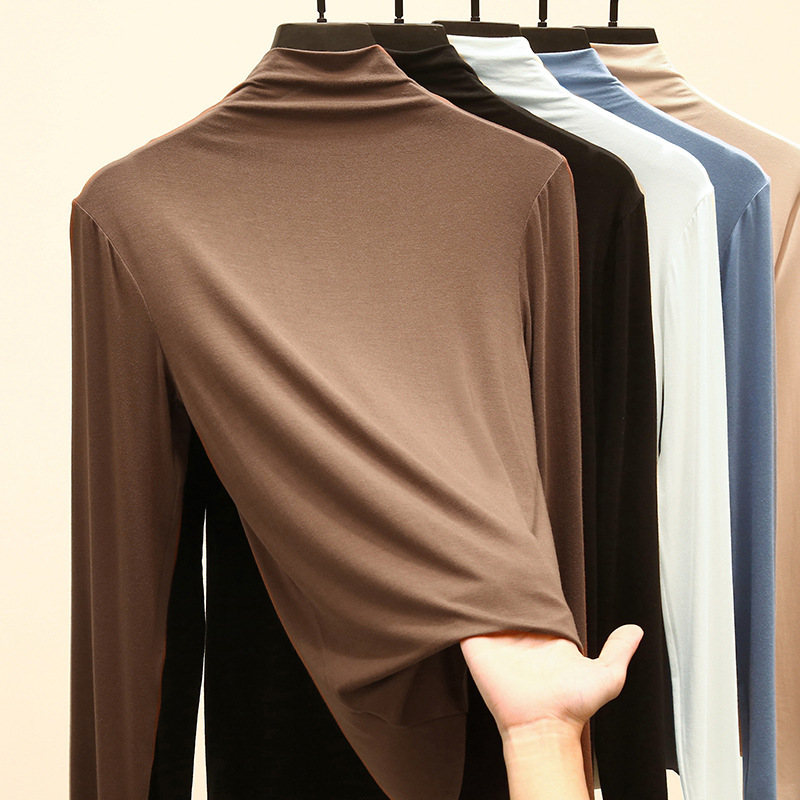Modal Half-Turtleneck Base Shirt for Women, 2026 Spring Long-Sleeve Seamless Slim-Fit Knit Top, Plus-Size T-Shirt