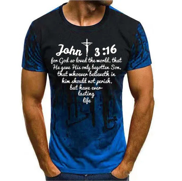 Verano casual suelto cuello redondo manga corta hombro transpirable camiseta de hombre Pascua Jesús gradiente lema 3D impresión