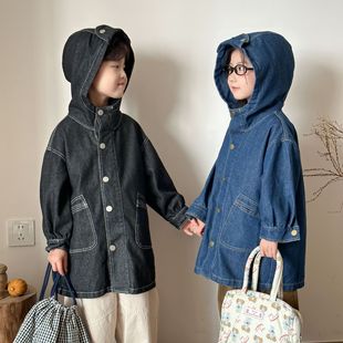 Children's Denim Jacket Mid-Length Girls' Hooded Windbreaker Boys' Autumn Clothing 2025 New Spring and Autum Baby Tops