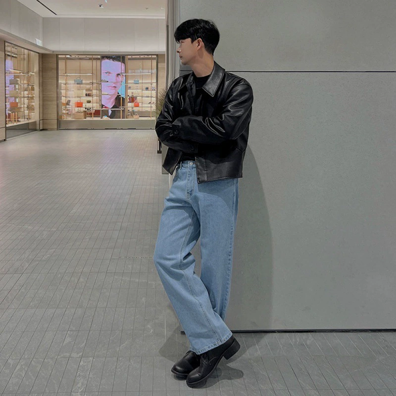 Короткая мотоциклетная кожаная куртка MYQ, Мужская Осенняя Новая модная Корейская свободная кожаная куртка высокого класса с лацканами