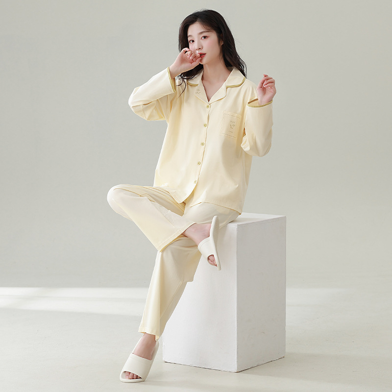 잠옷 여성의 새로운 [COOL COTTON] 긴 소매 바지 세트 옷깃 가슴 패드 솔리드 컬러 편안한 외부 착용 홈 의류 세트