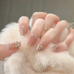 Xiaohongshu handmade wearable nails wholesale short nude color blooming manicure nail pieces finished nail stickers fake nails