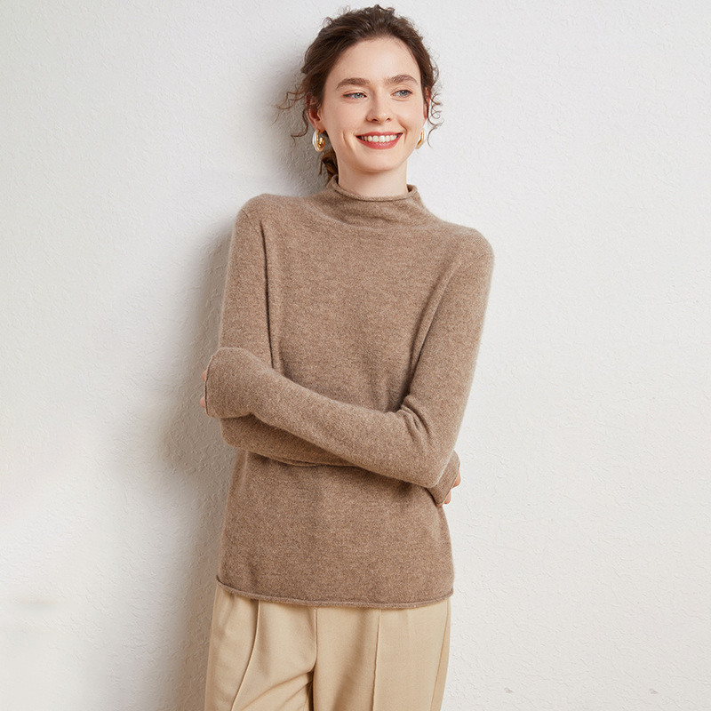 New Women's First-Line Ready-To-Wear Rolled Hem Half-High Collar Seamless Cashmere Sweater Pullover Base Knit Sweater