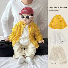 韩国童装洋气小套装春秋季新款男宝宝帅气时髦条纹衬衫休闲直筒裤