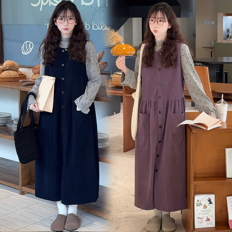 Maternity Skirt Autumn and Winter Korean Style Loose Corduroy Single-Breasted Maternity Vest Skirt + Lace Half Turtleneck Bottoming Shirt Maternity Skirt Autumn and Winter Korean Style Loose Corduroy Single-Breasted Maternity Vest Skirt + Lace Half Turtleneck Bottoming Shirt