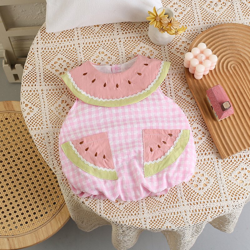 Baby Girl Infant Summer Cute and Sweet Watermelon Sleeveless White Pink Plaid Triangle Outdoor Crawling Clothes
