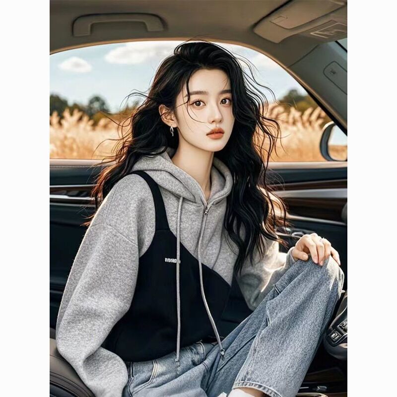 美式慵懒风拼接连帽长袖卫衣女设计感秋冬独特别致超好看撞色上衣|undefined