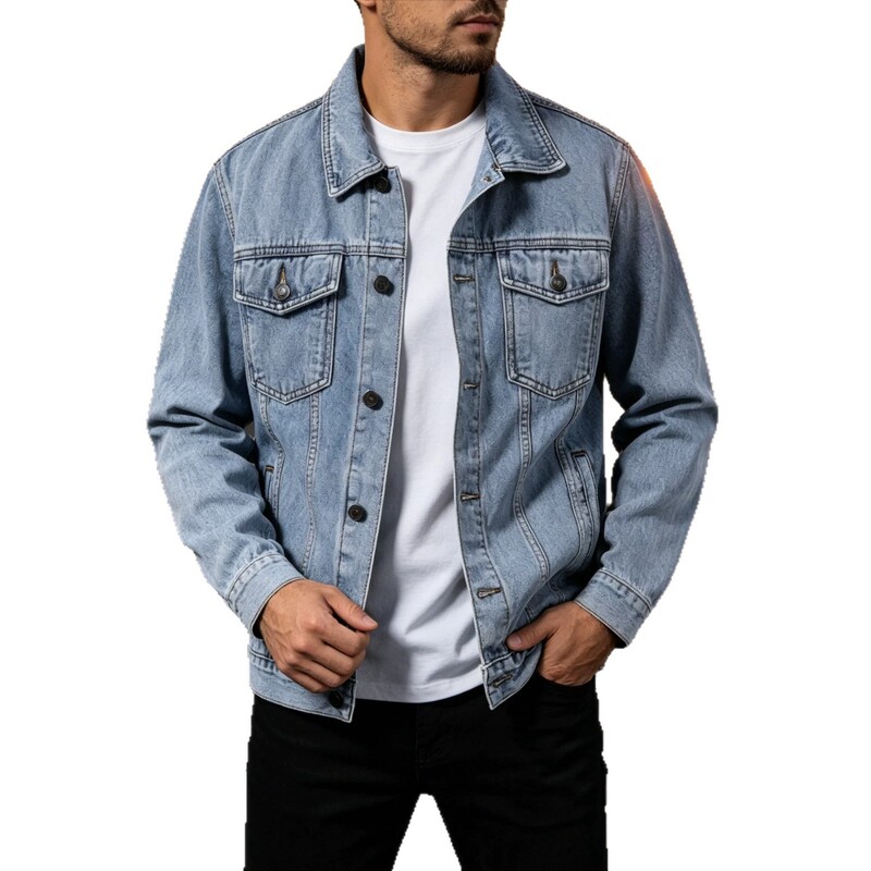 Cross-border light blue washed denim jacket for men, vintage turn-down collar work jacket, loose casual distressed denim top for men