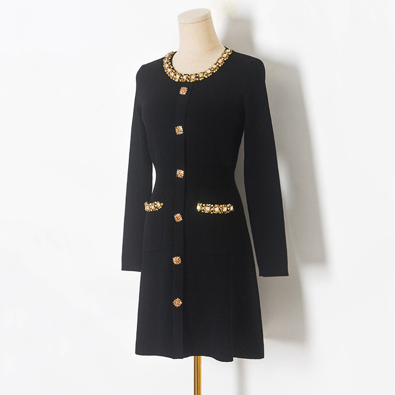 M6012 Spring New Style Diamond Collar Waist-Cinching Round Neck Long-Sleeved Knitted Dress A-Line Dress Women's Little Black Dress