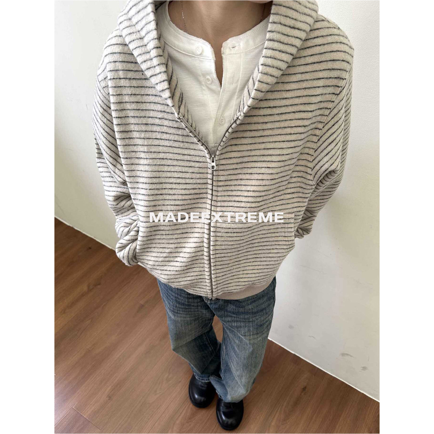 Eme Early Autumn New Stripesd Velvet Comfortable Work Clothing Daily Zipper Casual Hooded Loose Boxy Sweatshirt for Men and Women