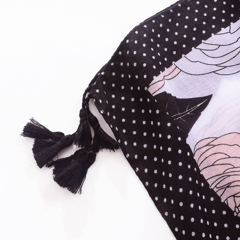 Europa y América bufanda delgada larga protector solar chal tamaño punto floral impreso algodón y lino sensación trenza borla bufanda