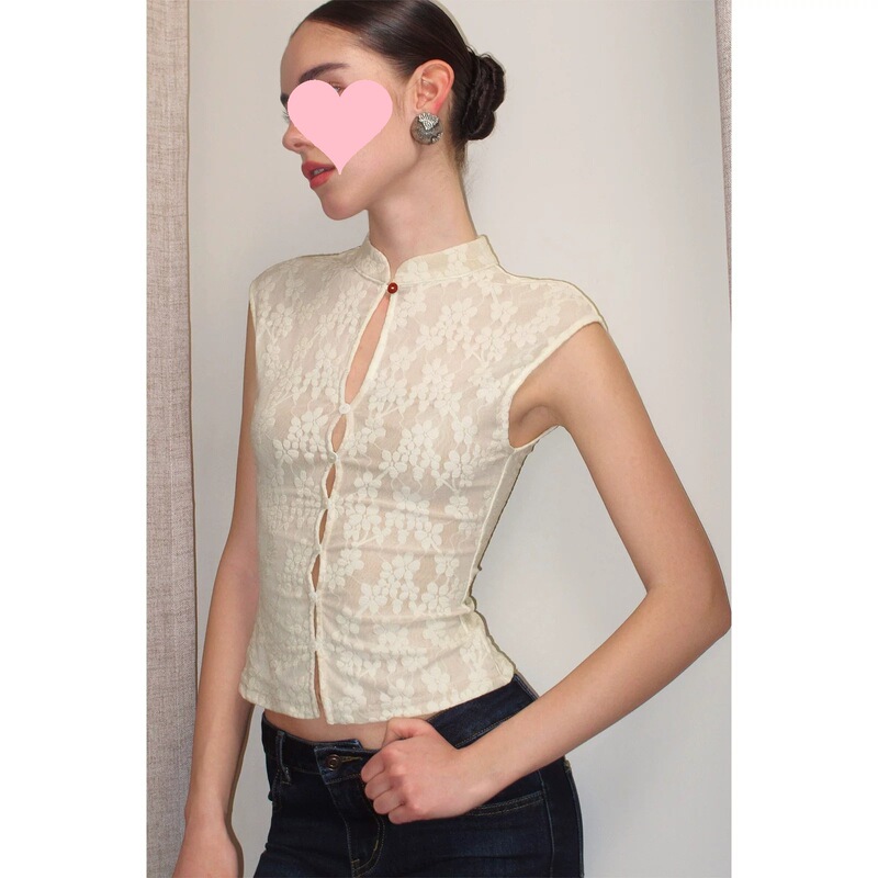 In Stock: Light Coffee/Beige Lace Collar Slightly Sheer Sleeveless Blouse with Slim Fit and Hollow-Out Design, New Chinese Style Top In Stock: Light Coffee/Beige Lace Collar Slightly Sheer Sleeveless Blouse with Slim Fit and Hollow-Out Design, New Chinese Style Top