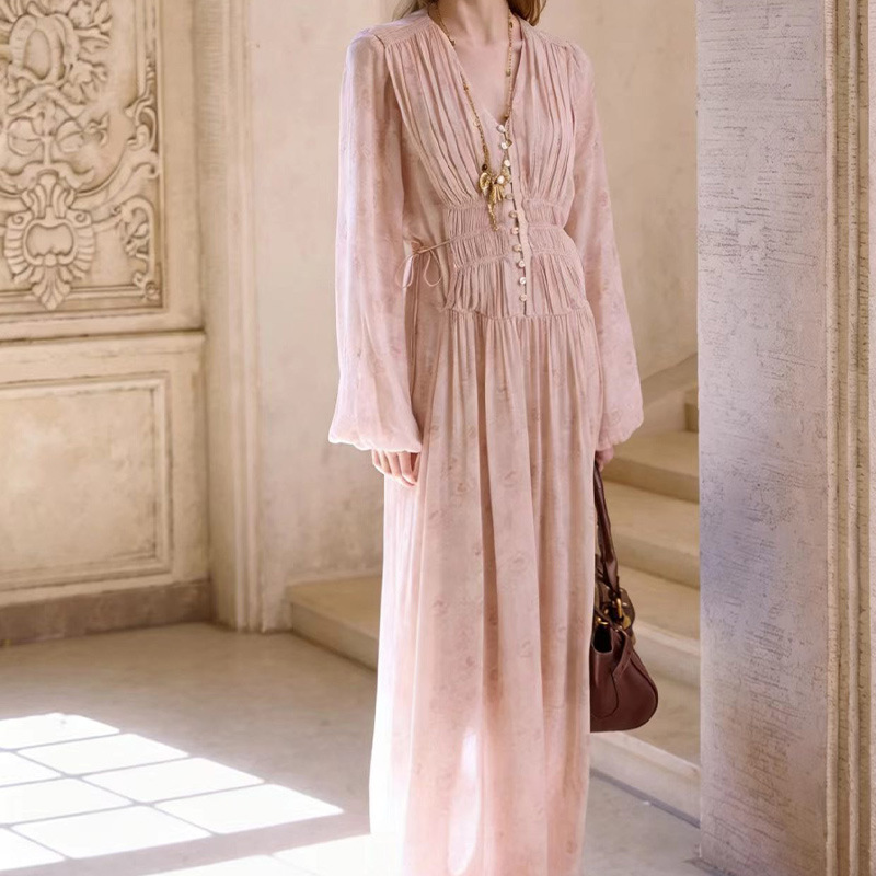In stock P.t Rose Dust rayon georgette pleated design printed dress for women summer holiday long dress In stock P.t Rose Dust rayon georgette pleated design printed dress for women summer holiday long dress
