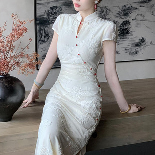 New Chinese Style White Knitted Jacquard Improved Cheongsam Women's Summer Elegant and High-End Waist-Cinching Dress