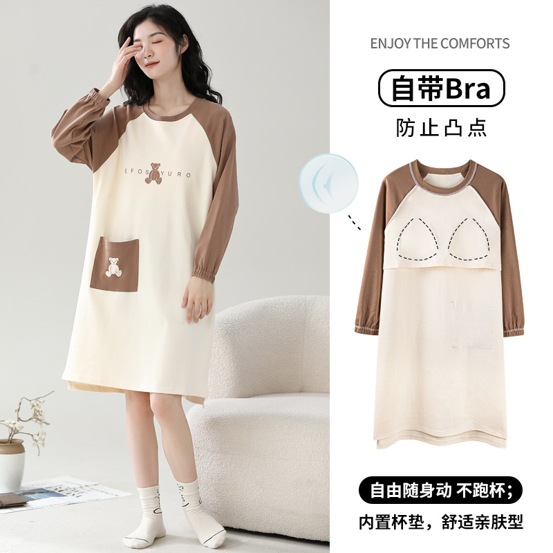 Camisón con almohadilla en el pecho Otoño e Invierno de las mujeres de manga larga de algodón puro pijamas de niña linda al por mayor de fábrica dulce directo se puede usar fuera