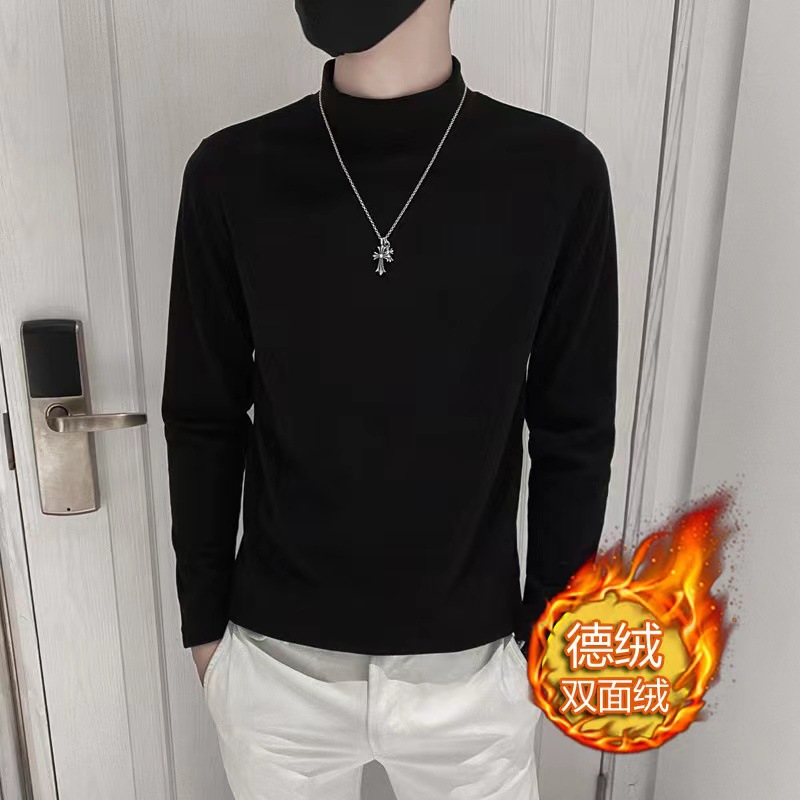 Luz viento maduro terciopelo medio cuello alto suéter hombres forrado de lana otoño e invierno marca de moda manga larga color sólido moda camisa de fondo camiseta