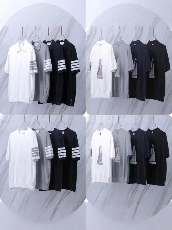 Factory direct sales: TB sailboat pattern ice silk wool knit polo shirt, four-stripe short-sleeve, versatile for both men and women Factory direct sales: TB sailboat pattern ice silk wool knit polo shirt, four-stripe short-sleeve, versatile for both men and women