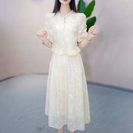 贵夫人短袖连衣裙女2026年夏季新款妈妈气质假两件碎花长裙子