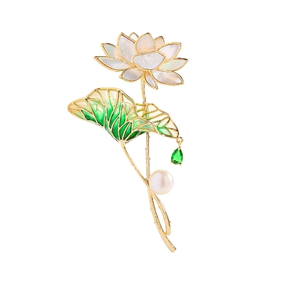 Mother-Of-Pearl Lotus Brooch, Green Enamel: Yaxa sancaqları