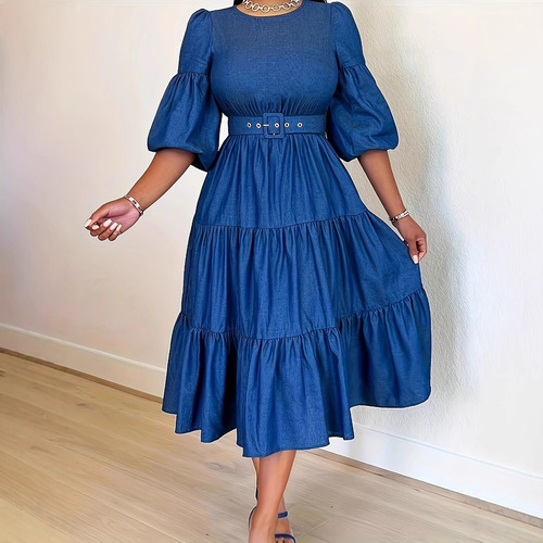 ON01266 Summer and Autumn New Plus Size Women's Fashion Round Neck Swing Denim Dress