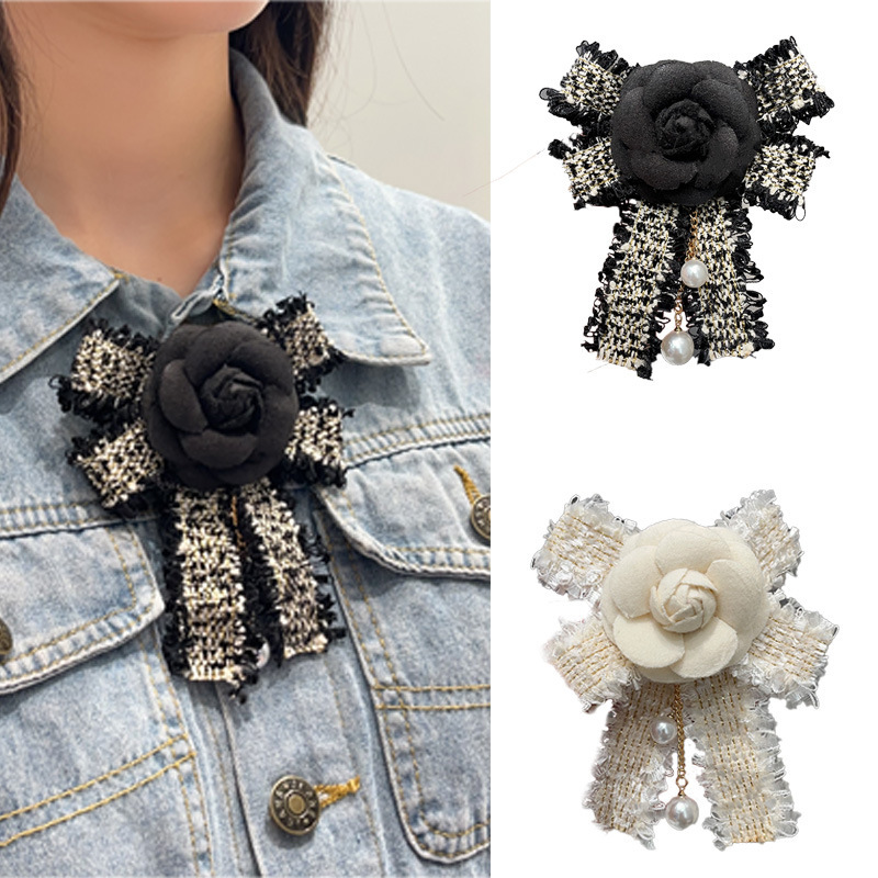 Chanel style camellia brooch fabric black flower pin ins shirt sweater dress collar pin female wholesale