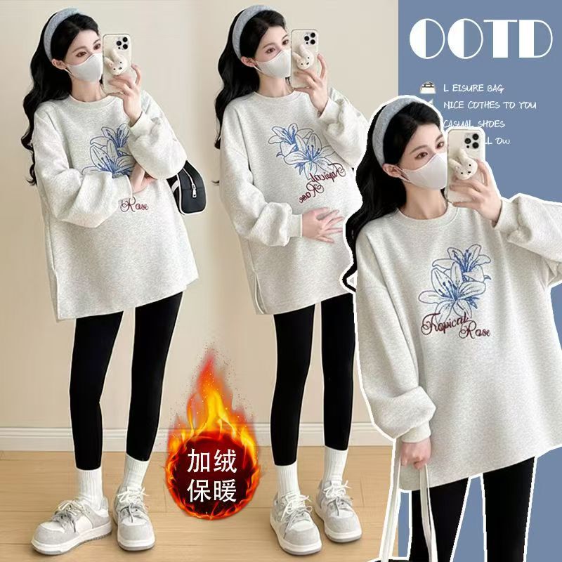 Maternity Wear Autum 2026 New Fashion Floral Print Sweatshirt Autum and Winter Fleece-Lined Thickeneded Pregnancy Wear Tops for Women